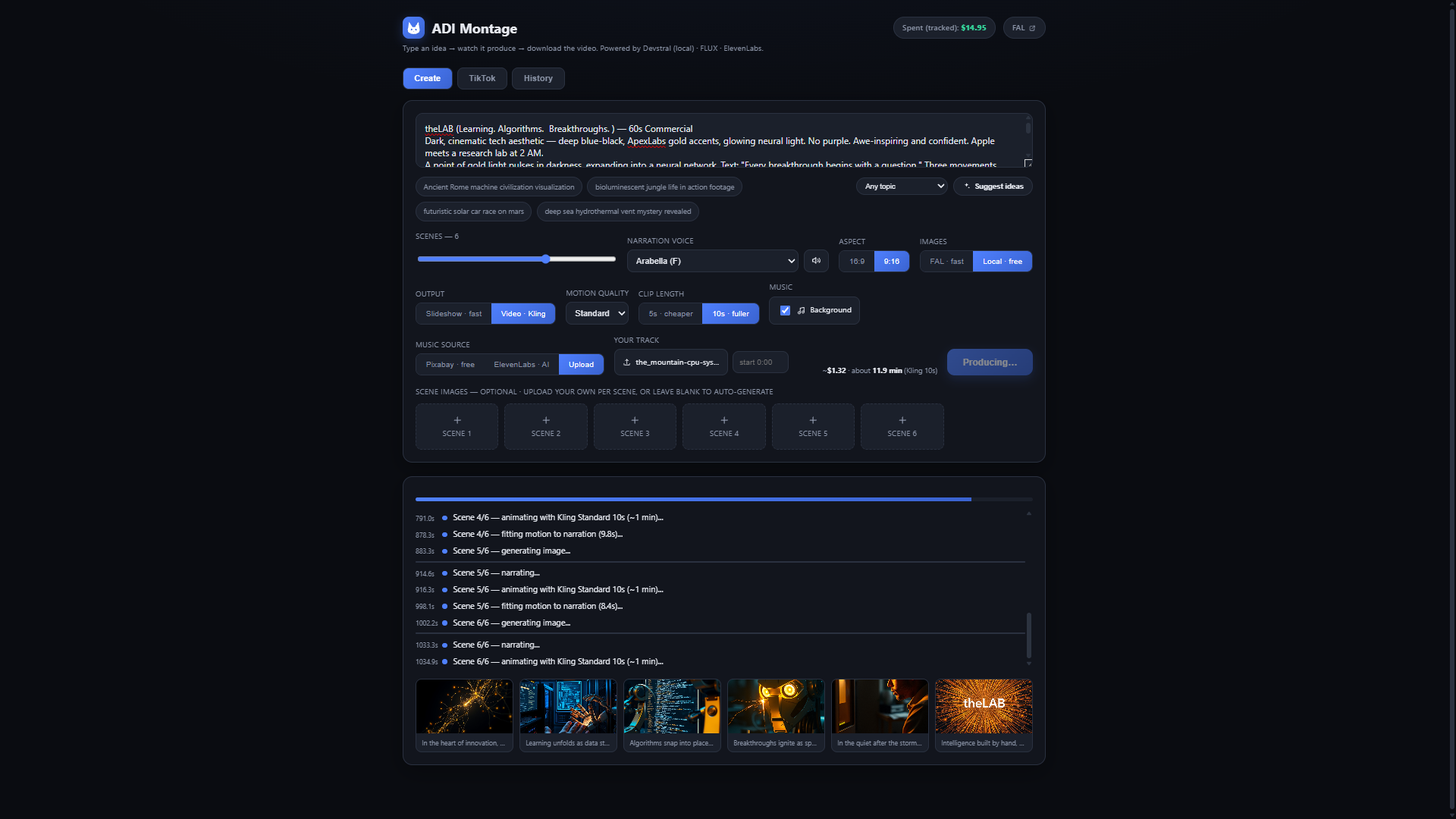 ADI Montage Create view — type an idea, pick providers, and produce a video