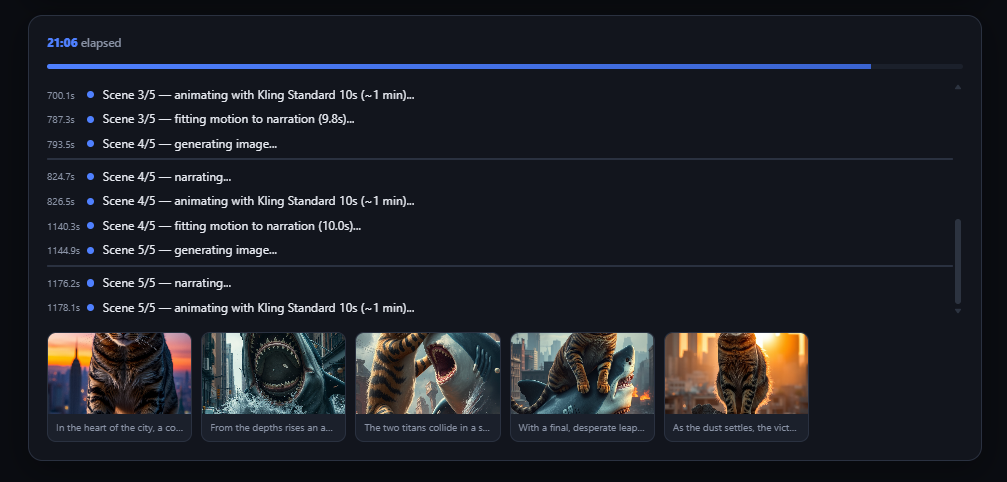 ADI Montage producing a video — live scene-by-scene log with generated frame thumbnails