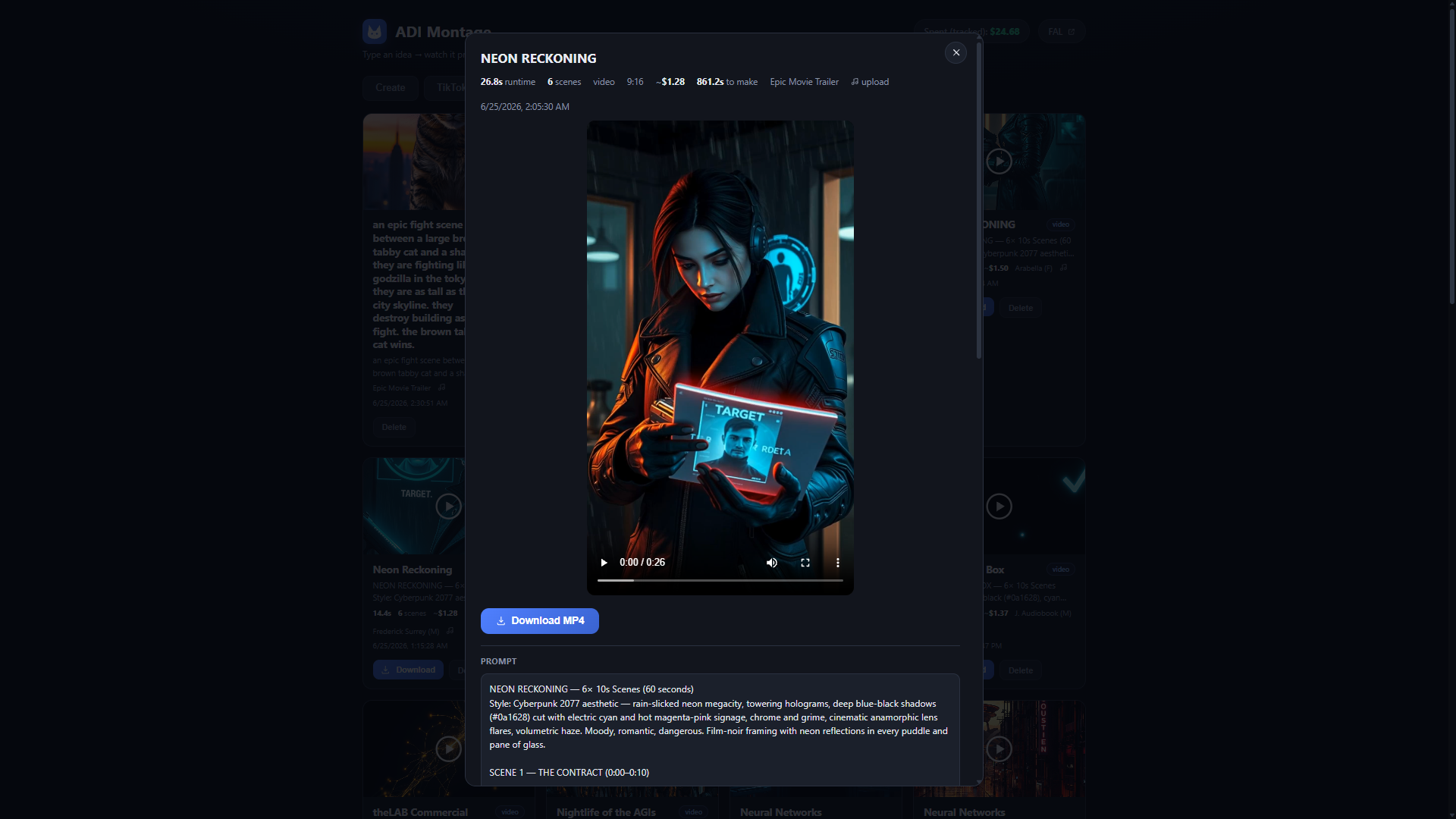 A finished ADI Montage render — 'NEON RECKONING', a cinematic cyberpunk short