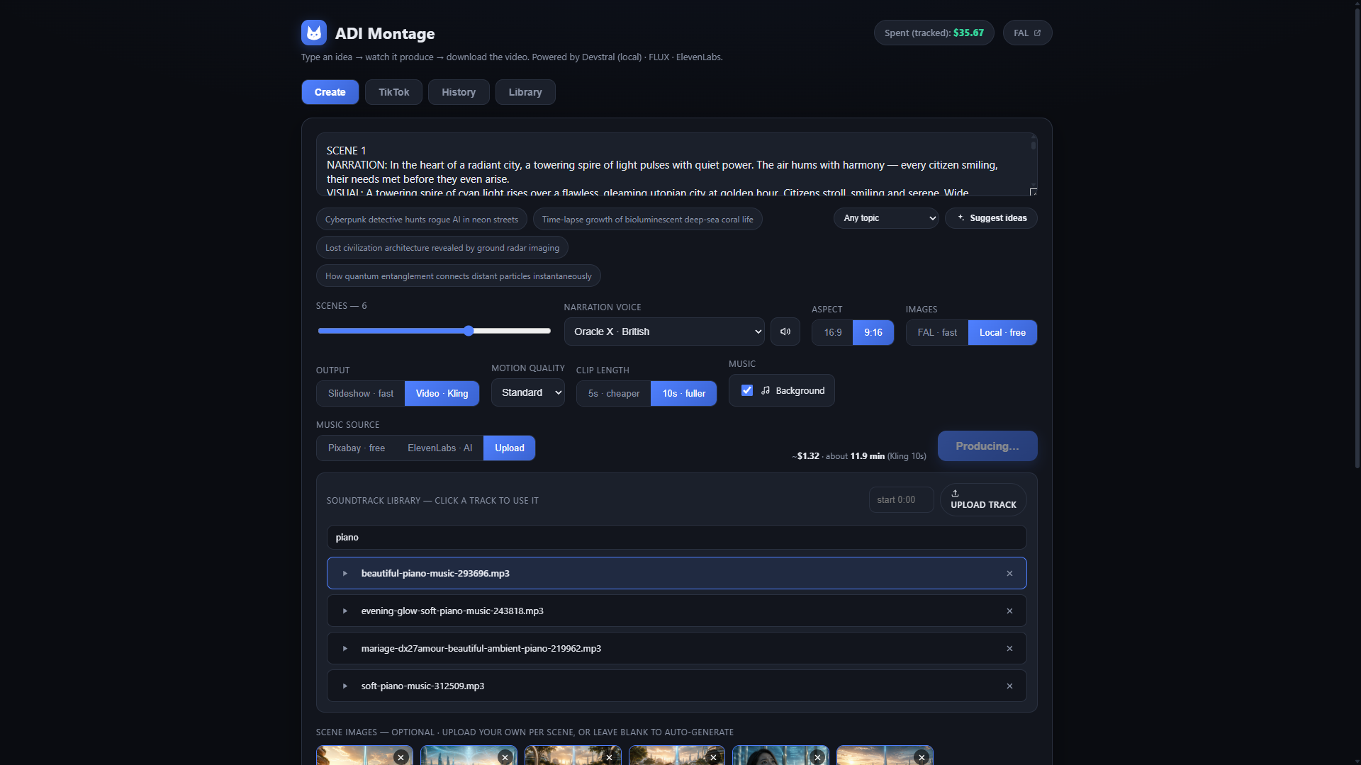 ADI Montage Create view with a generated scene script, soundtrack library, and per-scene images